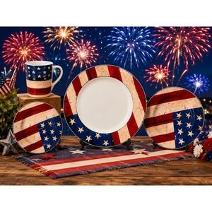 1997 Vtg. Warren Kimble Sakura Colonial 16 Piece Stoneware Dinnerware Set Flag
